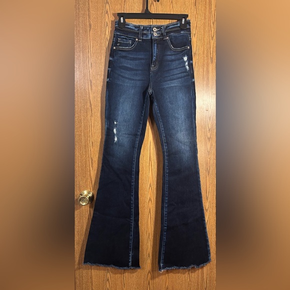 KanCan Denim - Kancan High Rise Raw Hemmed Flare Leg Distressed Denim Jeans